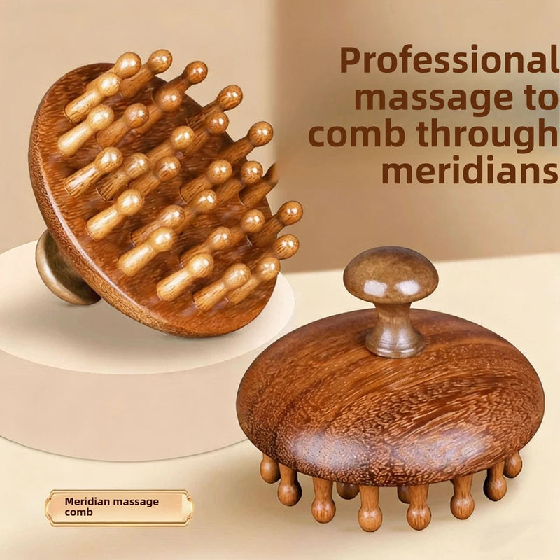 Natural Sandalwood 28-Prong Round Scalp Massage Comb